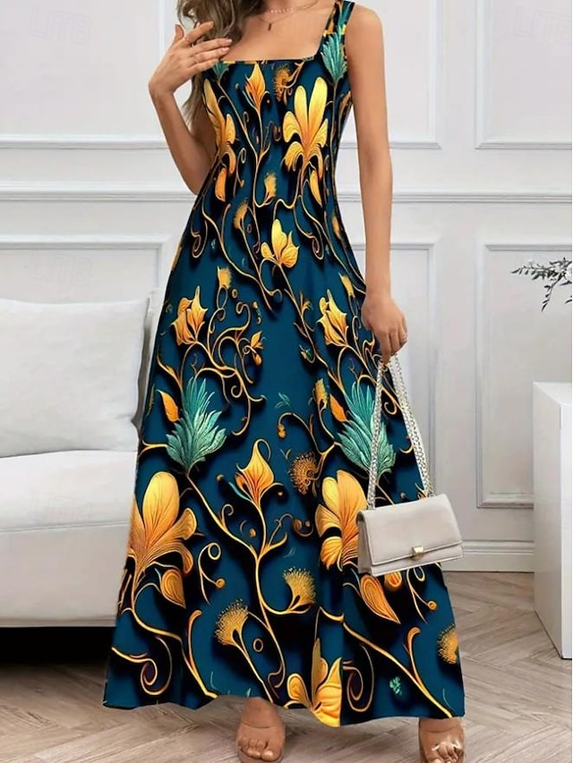  Pentru femei Rochie Maxi Rochie de schimb Rochie A line Vacanță Casual Boho Ieșire Fit standard Floral Grafic Fără manșon În U Negru Roșu-aprins Albastru piscină Portocaliu Vară Primăvară