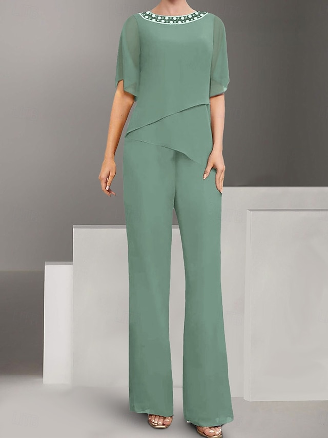  Pantsuit Mother of the Bride Dress Wedding Guest Elegant Simple Square Neck Floor Length Polyester Short Sleeve with Solid Color