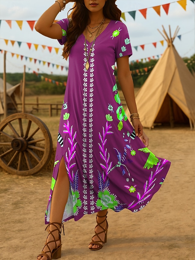  Dames Halflange jurk Zonnejurk A lijn jurk Vakantie Casual Strandstijl Uitgaan Strand Ruim Passend Bloemig Grafisch Abstract Korte mouw V-hals Rood blauw Paars Groen Zomer Lente
