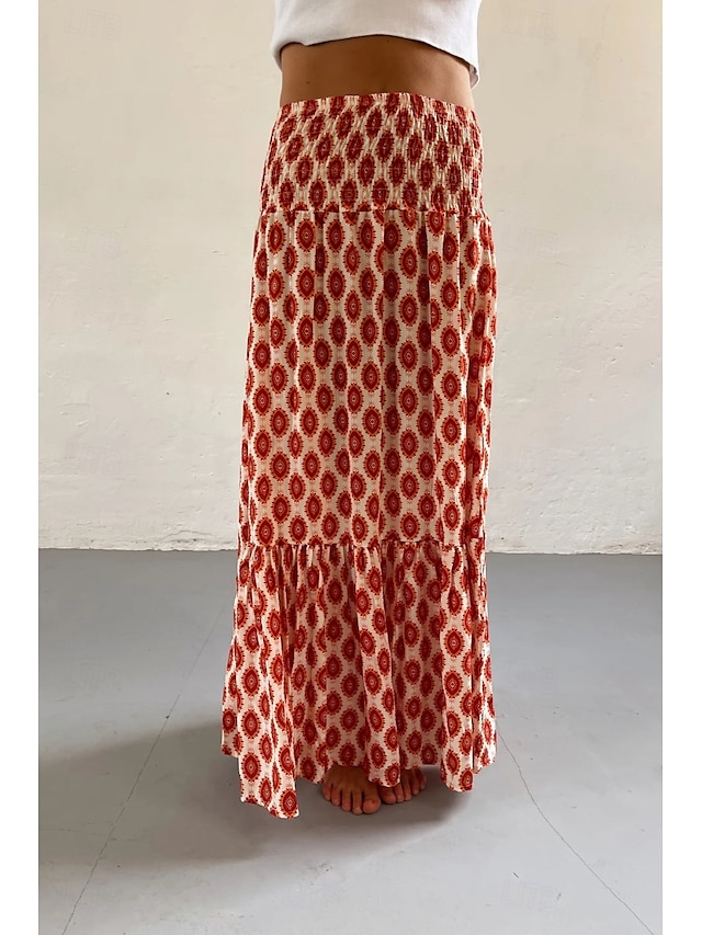  Damen Rock Bohemien Lässig Boho Maxi Mittlere Hüfthöhe Röcke Blumen Druck Mikroelastisch Urlaub Straße Dunkelrosa Purpur Fuchsie Orange Sommer Polyester