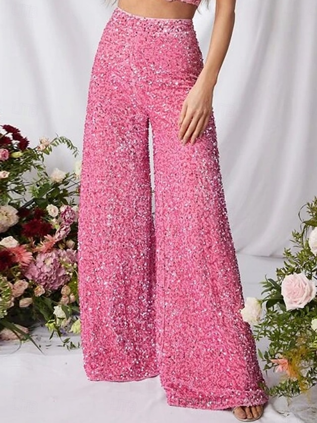  Pantalons Baggy en Coton Lin Femme Chino à Jambes Larges Mode Streetwear Longueur Complète Taille Haute Uni Sequins Confort Doux Agréable Micro-élastique Extérieur Soirée Rue Noir Rose Rouge Été