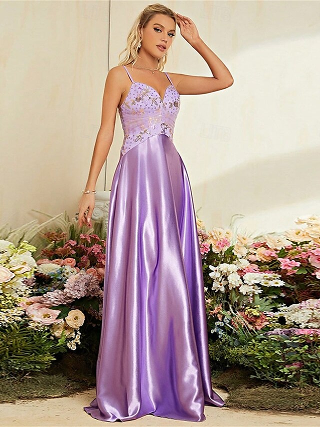  Abiti A-Line Quinceanera Abito da Festa Matrimonio Ospite di Matrimonio Lunghezza Parsa Senza Maniche Spalline Sottili Poliestere Schiena Nuda con Paillettes