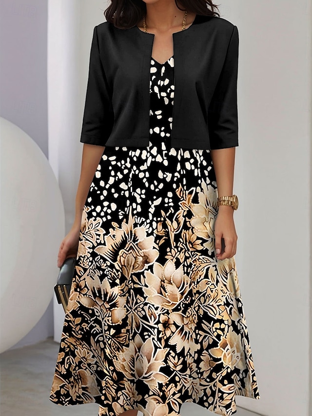  Ensemble de robes femme robe midi robe en A robe d'été robe de fête semi-formelle impression graphique florale à demi-manches en V invité de mariage quotidien or été printemps coupe régulier