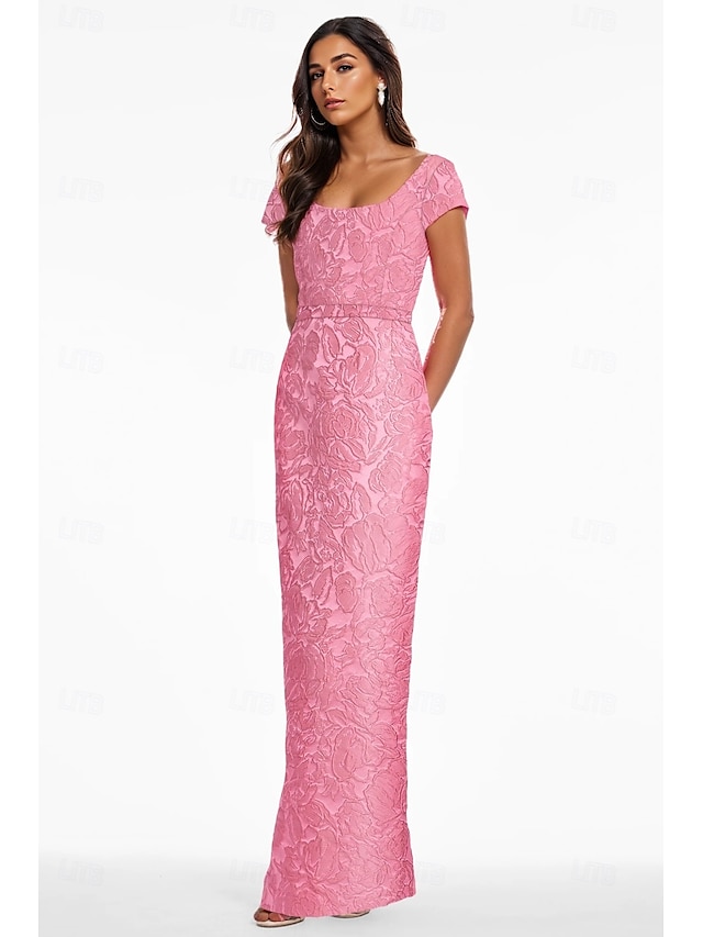  Pink Jacquard Floral Column Evening Gown Elegant Dress Formal Wedding Ankle Length Short Sleeve V Neck Nylon with Floral Print Slit Pocket Wedding Guest Dress