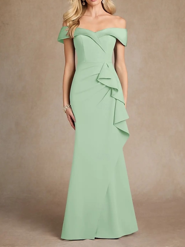  Mermaid / Trumpet Bridesmaid Dress Off Shoulder Short Sleeve Elegant Floor Length Stretch Fabric with Ruffles / Ruching