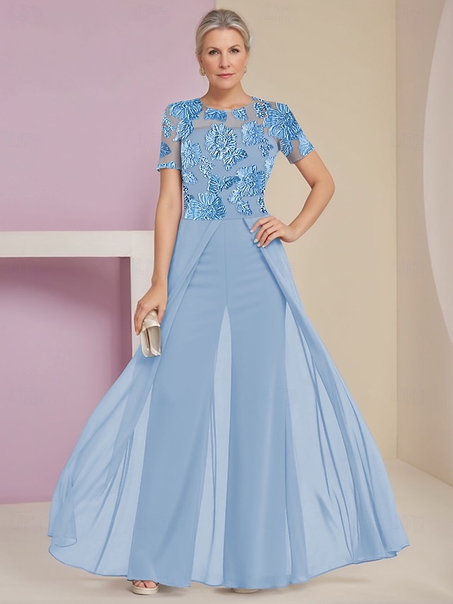  Blue Jumpsuit / Pantsuit Satin Floral Lace Mother of the Bride Pantsuit Elegant Simple Minimalist Crew Neck Floor Length Chiffon Lace Short Sleeve