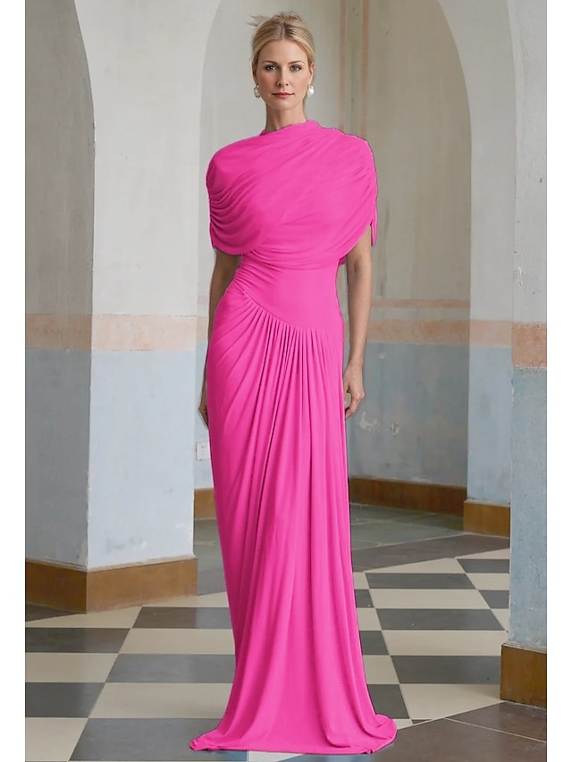  Baby kolonn kvällsklänning elegant klänning formell bröllopsgäst golvlängd kort ärm hög hals spandex med rynkad sjal