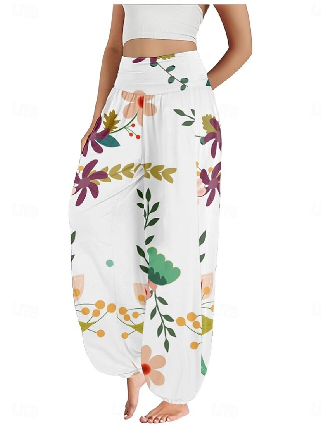  Dame Lin-inspirerte bukser Bred Bukseben Bukser Etnisk stil Fritid Bohem Full lengde Høy Midje Blomstret Lomme Elastisk midje Printer Pusteevne Myk Mikroelastisk utendørs Yoga- og dansesko Hvit Gul