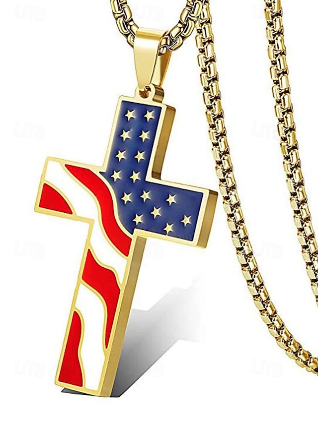  Collana con ciondolo a croce con bandiera americana da uomo – tonalità oro e argento con design della bandiera degli Stati Uniti, elegante e alla moda per un abbigliamento casual e di tendenza.