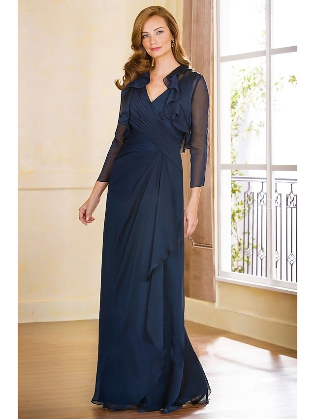  Deux Pièces Ligne A Robe de Mère de Mariée  Élégant Col en V Longueur au sol Chiffon manche longue Echarpe incluse avec Volants Niveaux Couleur Unie 2025