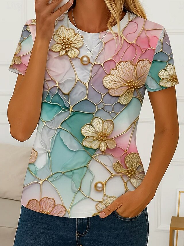 Women's T Shirt Floral Graphic Plants Casual Short Sleeve Round Neck Regular Tops Daily Print Light Green Summer Spring4