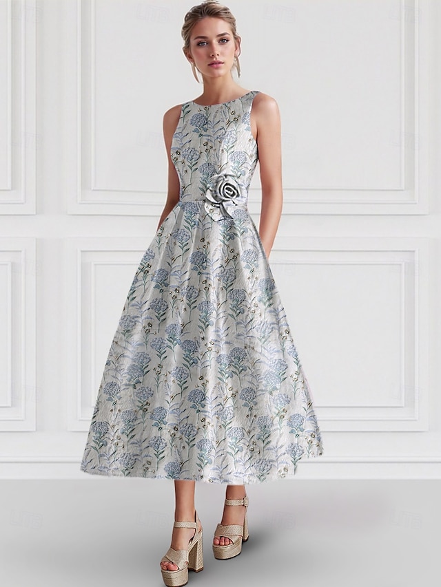  Abiti da Cocktail A-Line in Jacquard Floreale Elegante Abito Matrimonio Formale Lunghezza Alla Caviglia Senza Maniche Collo a Giro Nylon con Stampa Floreale Abito per Invitati Matrimonio