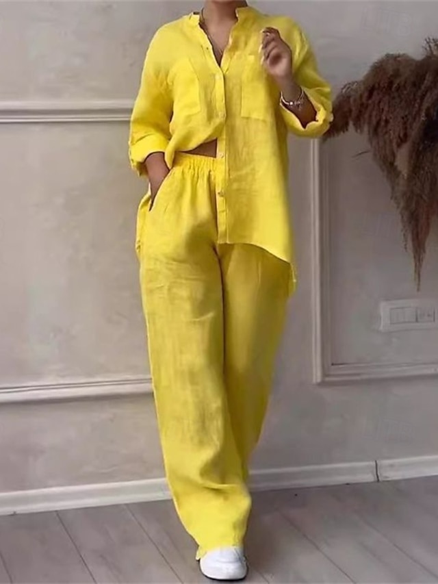  Femmes Mode Streetwear Ensembles en coton et lin Ensembles deux pièces Ensembles de Pantalons manche longue Col montant Uni Tenue quotidienne Date Blanche Jaune Rose Claire Été Coupe régulière