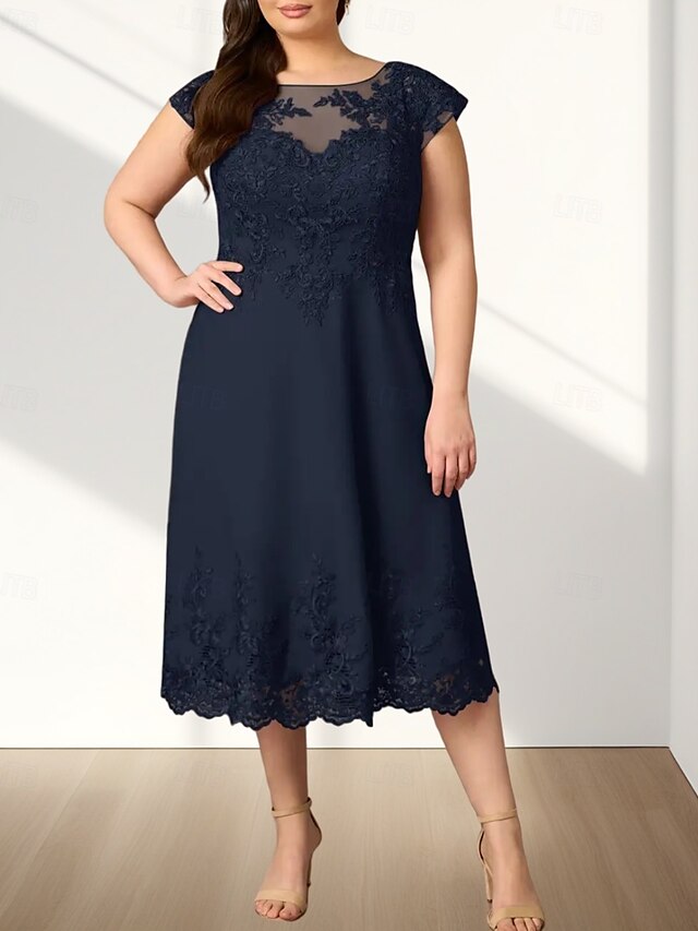  Robe Mère de la Mariée A-Line Invité de Mariage Élégante Col Ronde Mi-Longue en Chiffon À Manches Courtes avec Appliques Robe Midi 2025