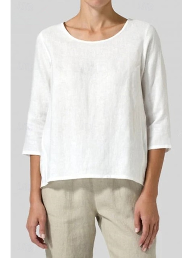  Femmes Chemisier Chemises en coton et lin Uni Basique Occasionnel Manche 3/4 Col ras du cou Hauts Réguliers Quotidien Fête Sortir Noir Blanche Rose Claire Vert Véronèse Gris Été