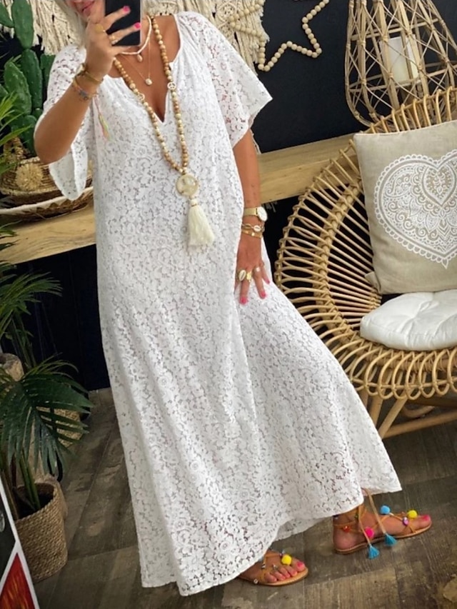  Robe Maxi Femme Robe A Ligne Uni Vacances Décontractée Boho Extérieur Sortie Ajustement Normal Graphique Manches Courtes Col V Noir Blanc Bordeaux Été