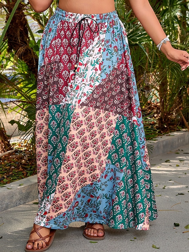  Mulheres Saia Casual Boho Longo Cintura Média Saias Floral Imprimir Micro-Elástica Férias Rua Vermelho Azul Verão Poliéster