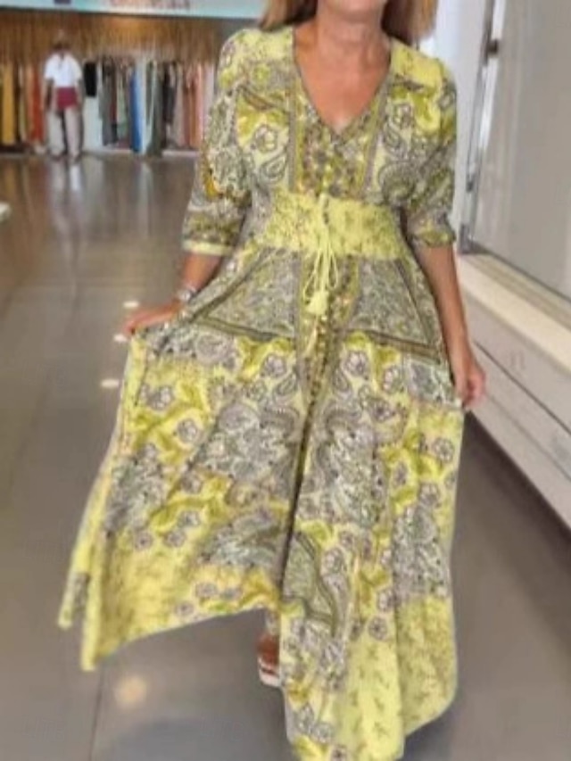  Mujer Vestido maxi Vestido de una línea Casual Boho Exterior Noche Ajuste regular Floral Graphic Manga 3/4 Escote en Pico Amarillo Rosa Azul cielo Verde Trébol Verano