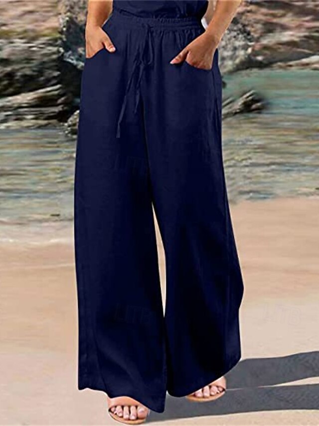  Femmes Pantalon en coton et lin Pantalon palazzo Mode Streetwear Confort Longueur complète Taille Moyenne Uni Taille Élastique Confortable Extérieur Rue Tenue quotidienne Sortir Abricot Noir Blanche