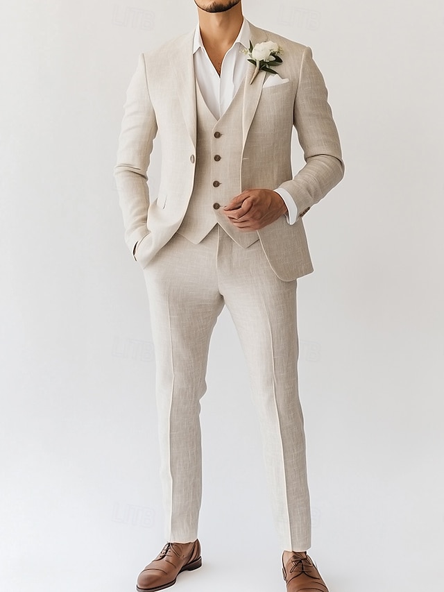  Costumes en lin pour hommes beige mode formelle 80% en lin costumes d'été de couleur unie ajustement standard 3 pièces à boutonnage simple un bouton