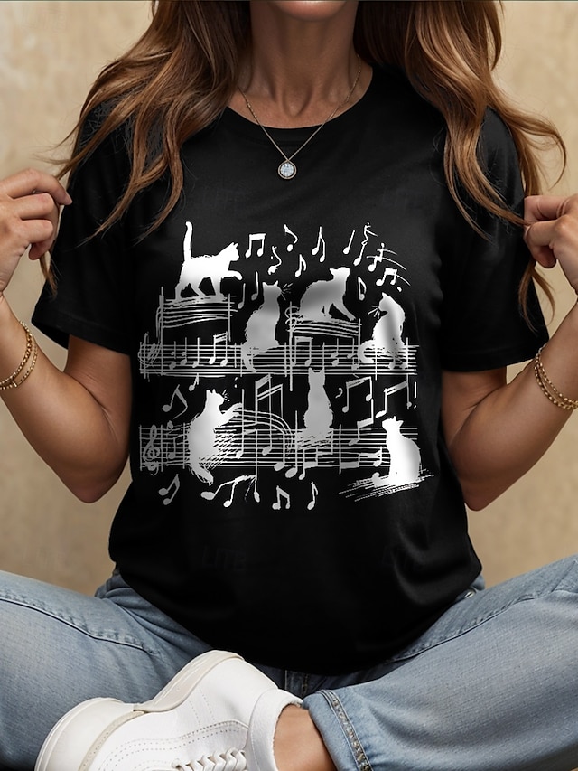  Femmes T-shirt Graphique Animal Chat ancien Élégant Classique Manche Courte Col ras du cou Col rond Hauts Réguliers Quotidien Week-end Imprimé Noir Blanche Rose Claire Bleu Vert Été Printemps