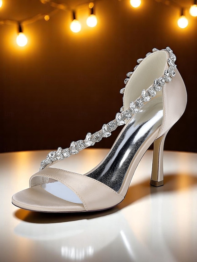  Escarpins à talons hauts en satin champagne pour femmes avec bride en T en cristal – élégants talons aiguilles à bout ouvert pour cocktails et événements formels