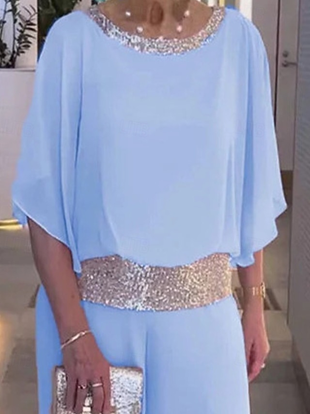  Deux Pièces Combinaison / Tailleur-Pantalon Robe de Mère de Mariée  Élégant ancien Simple Col Bateau Longueur au sol Chiffon Demi Manches avec Paillettes 2025