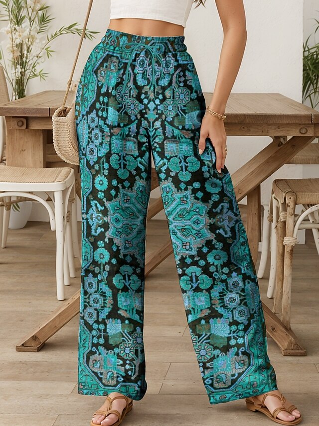  Pentru femei Picior Larg chinez Pantaloni largi Vacanță Epocă Modă Lungime totală Talie Înaltă Grafic Geometric Imprimare Termic cald Απαλό Respirabil Micro-elastic Oficial Vacanță Stradă Roșu Claret