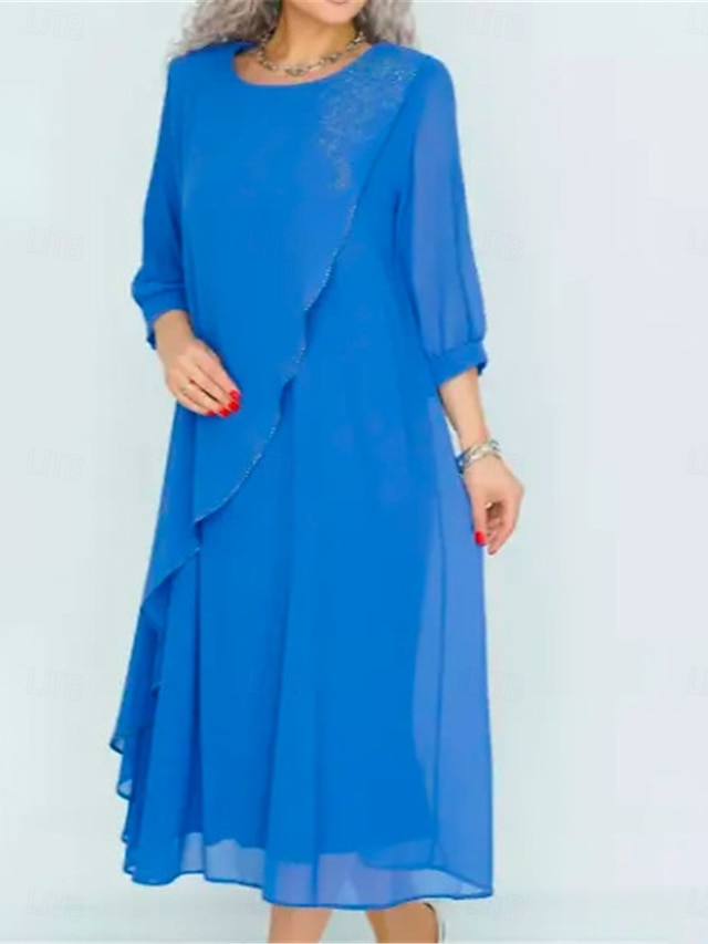  Robe midi femme Robe d'été Couleur unie Robe à volants Décontractée Ajustement régulier Graphique Uni Manches 3/4 Col rond Noir Bleu Bleu ciel Violet Été