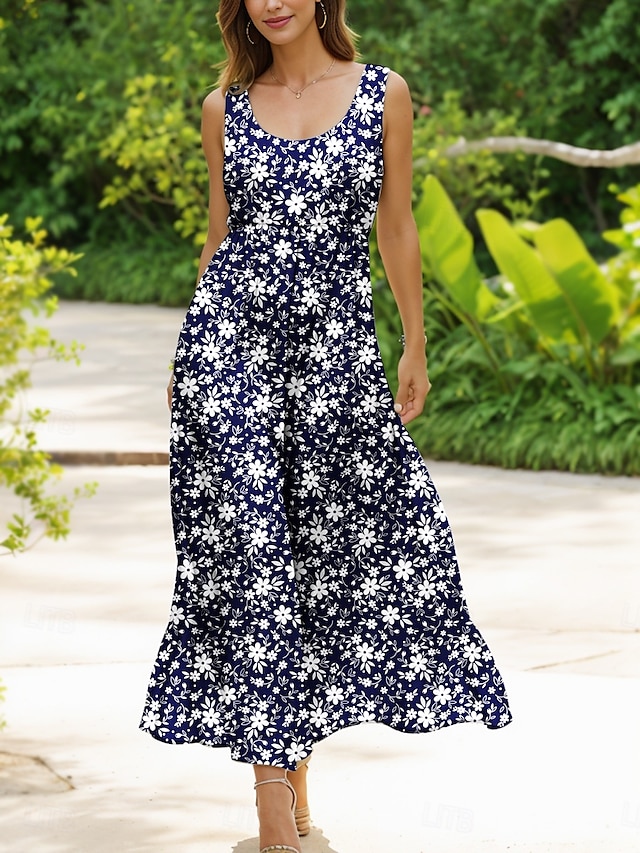  Pentru femei Rochii Midi Rochie de Vară Rochie A line Rochie cu umeri Elegant Vacanță Casual Fit regulat Floral Grafic Fără manșon În U Scoateți gâtul Roșu Vin Albastru piscină Trifoi Vară Primăvară