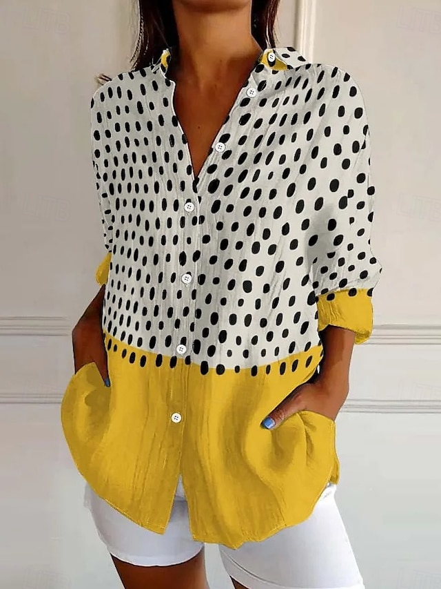  Femmes Chemise Graphique Géométrique À pois Quotidien Élégant Manche Courte manche longue Col de chemise Hauts Réguliers Quotidien Vert cendré Jaune Bleu Violet Été Printemps