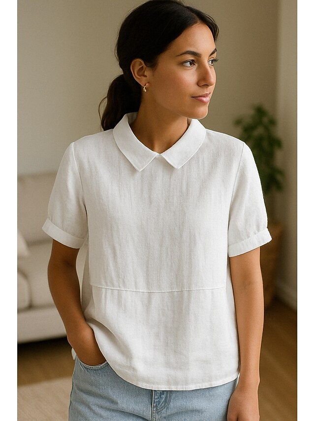 Women's Cotton Linen Shirt Plain Modern Short Sleeve Shirt Collar Regular Tops Daily White Blue Summer4