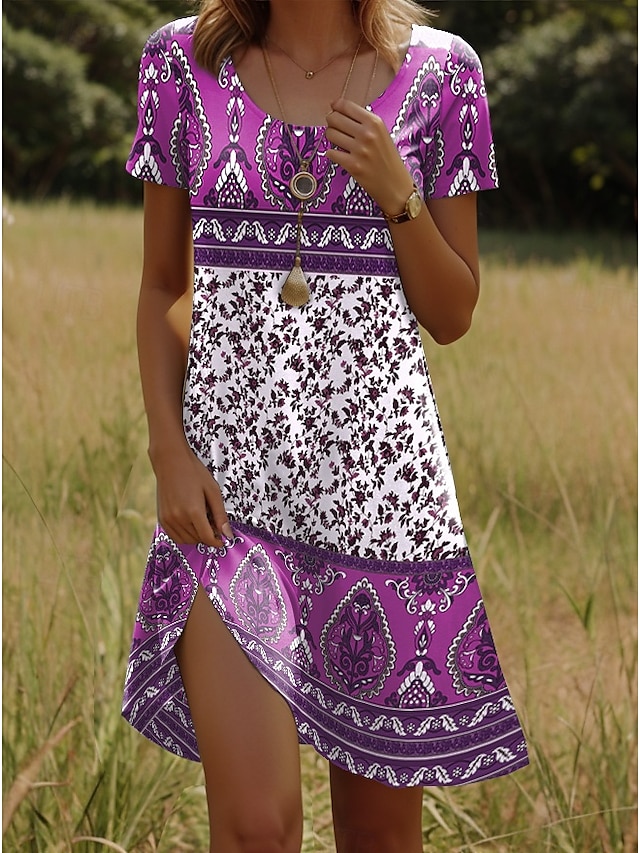  Damen Minikleid T-Shirt-Kleid Sommerkleid Shiftkleid Urlaub Lässig Boho Party Strand Standard Passform Blumen Grafik Stammes Kurzarm Rundhalsausschnitt Gelb Rote Blau Purpur Sommer Frühling