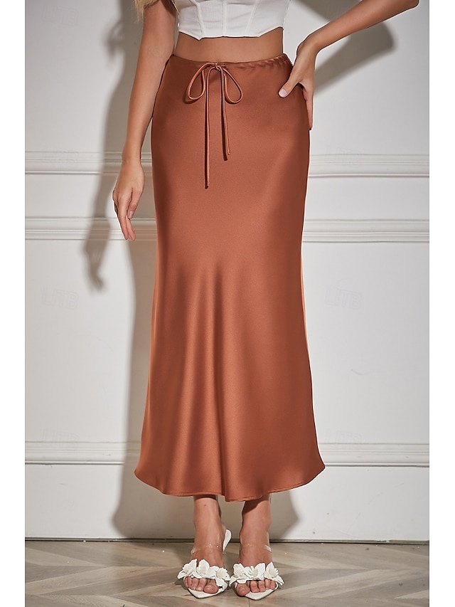  Pentru femei Fustă Elegant Modă Maxi Talie Medie Fuste Simplu Cordon Micro-elastic Vacanță Stradă Roșu Vin Bleumarin Negru Șampaniu Vară Mătase ca satinul