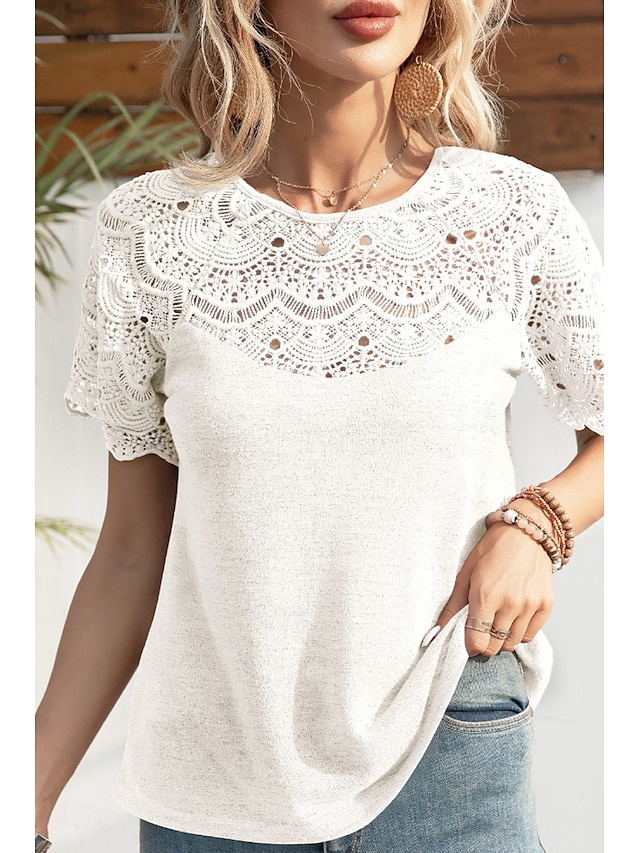  Femmes Chemisier Hauts en dentelle Uni Occasionnel Manche Courte Col ras du cou Hauts Réguliers Quotidien Fête Sortir Dentelle Noir Blanche Violet Été