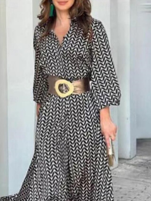 Women's Maxi Dress Shift Dress Work Dresses Casual Semi Formal Office Regular Fit Graphic Geometric Long Sleeve Shirt Collar Black Summer Spring4