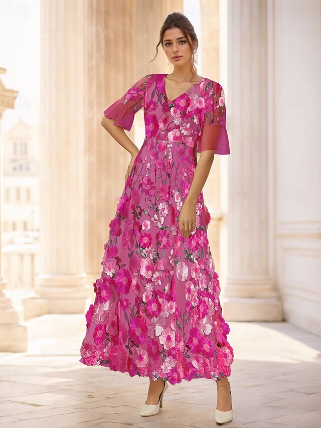  Pink Yellow A-Line Cocktail Dresses Gown Formal Wedding Guest Floral Elegant Ankle Length Short Sleeve Illusion Neck Tulle with Embroidery Appliques 2025