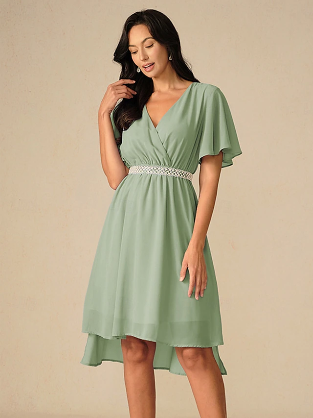 Women's Wedding Guest Cocktail Dress Bridesmaid Chiffon Split Thigh Elegant Midi Dress V Neck Short Flounce Sleeve Pink Blue Green Color 20