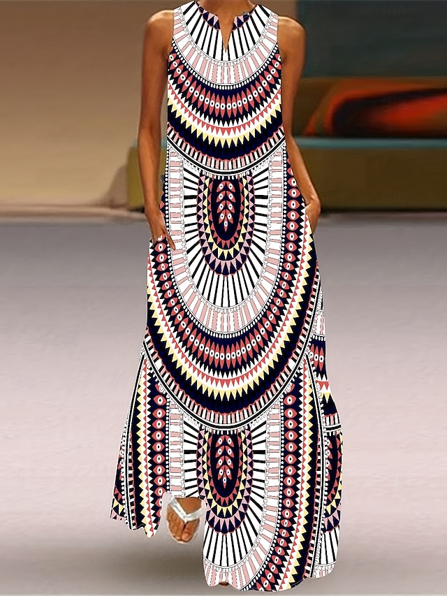  Damen Maxikleid A Linie Kleid Sommerkleid Urlaub Lässig Boho Täglich Ferien Lässiger Schnitt Grafik Stammes Ärmellos V Ausschnitt Rosa Sommer