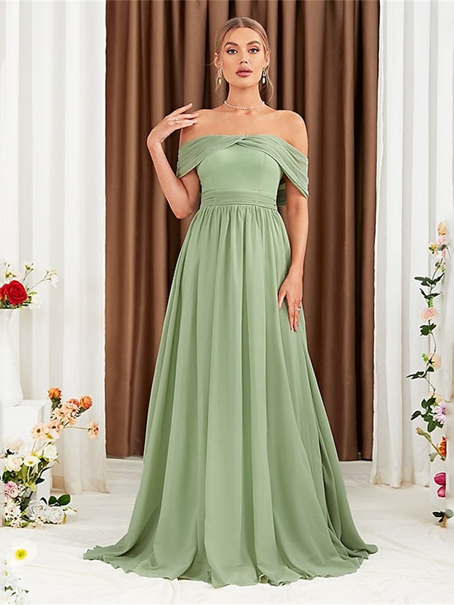  Linha A Vestido de Madrinha Ombro a Ombro Sem Manga Elegante Longo Chiffon com Pregas 2022