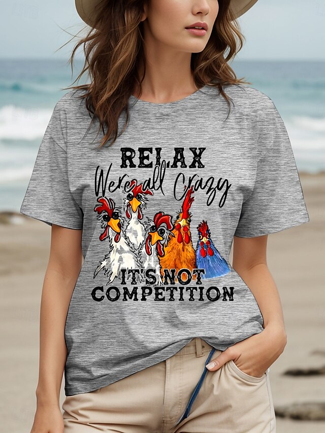 Femmes T-shirt Chemise en coton Graphique Coq Lettre ancien Élégant Classique Manche Courte Col ras du cou Col rond Hauts Réguliers Quotidien Imprimé Blanche Gris Été