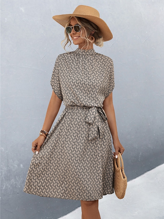 Damen Midikleid Figurbetontes Kleid Lässig Täglich Normale Passform Grafik Karomuster Kurzarm Hoher Ausschnitt Schwarz Braun Sommer