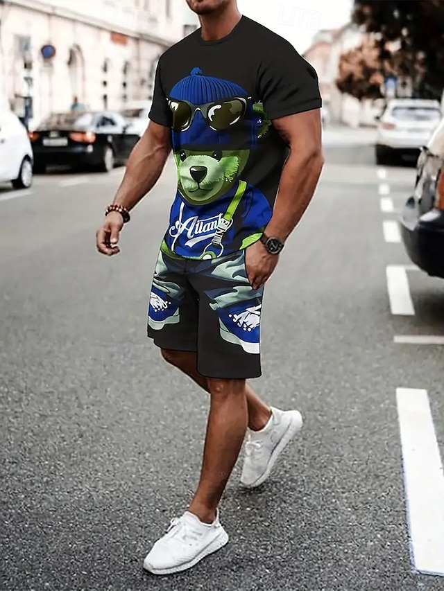  Miesten Sarjakuvahahmo 2kpl T-paidat setit Kesän yläosat Lyhythihainen Lyhyet housut Tiukka pyöreä kaula-aukko Urheilu Vapaa-aika muodikas Urheilu ja ulkoilu Kausaliteetti Päivittäin 3D-tulostus Kesä