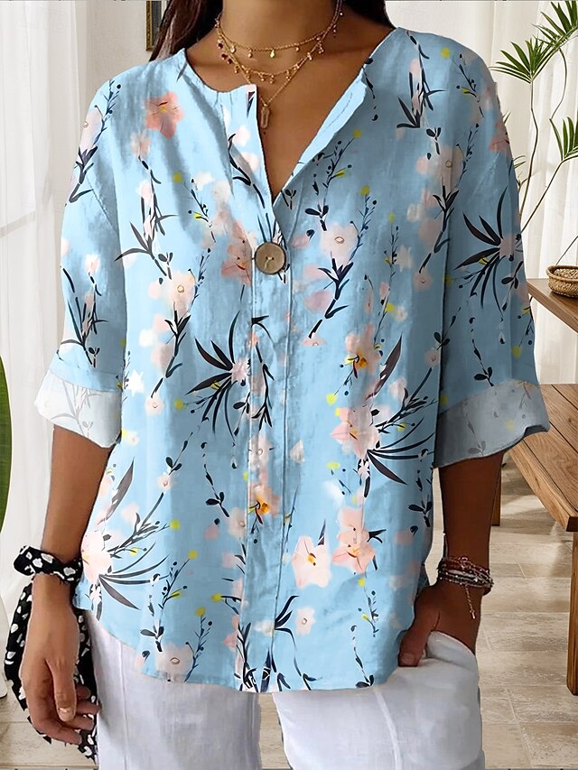  Dames Overhemd Bloemig Grafisch Elegant Casual Lange mouw V-hals Normale tops Dagelijks Feestdagen Afdrukken Rood blauw Zomer Lente