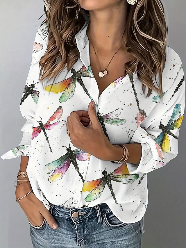  Camicia da donna a maniche lunghe con bottoni camicetta grafica animale casual colletto regolare top da lavoro quotidiano bottone stampa bianca estate primavera autunno