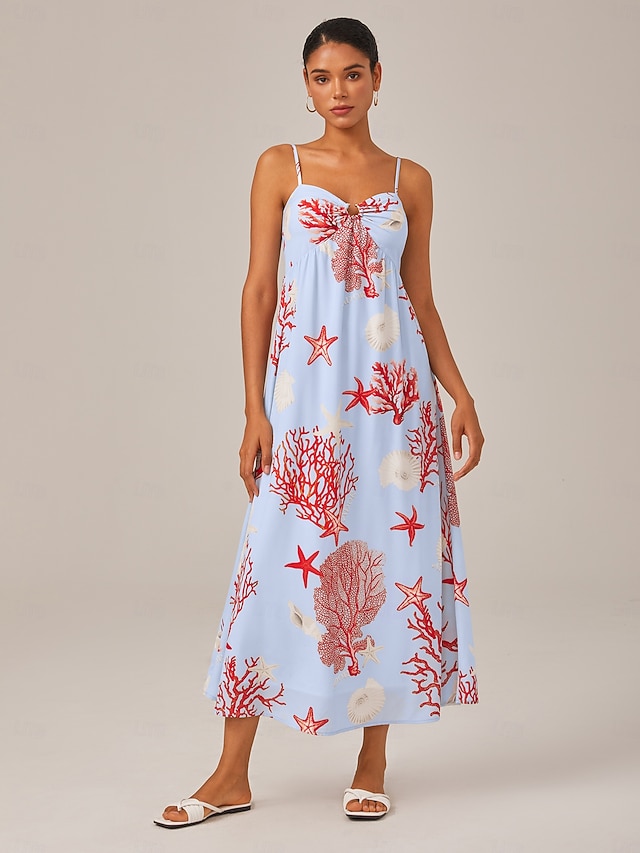  rotes Urlaubs-Camisolekleid mit Meeresmotiv