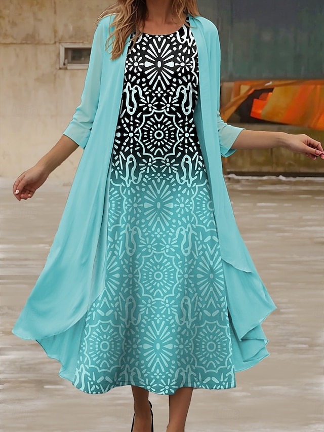  Set Rochie pentru Femei Rochie Midi Rochie de Vară Casual Semi Formal Ombre Grafic Print Mânecă 3/4 Decolteu Crew Zilnic Vacanță Verde Vară Primăvară Fit Regulatr
