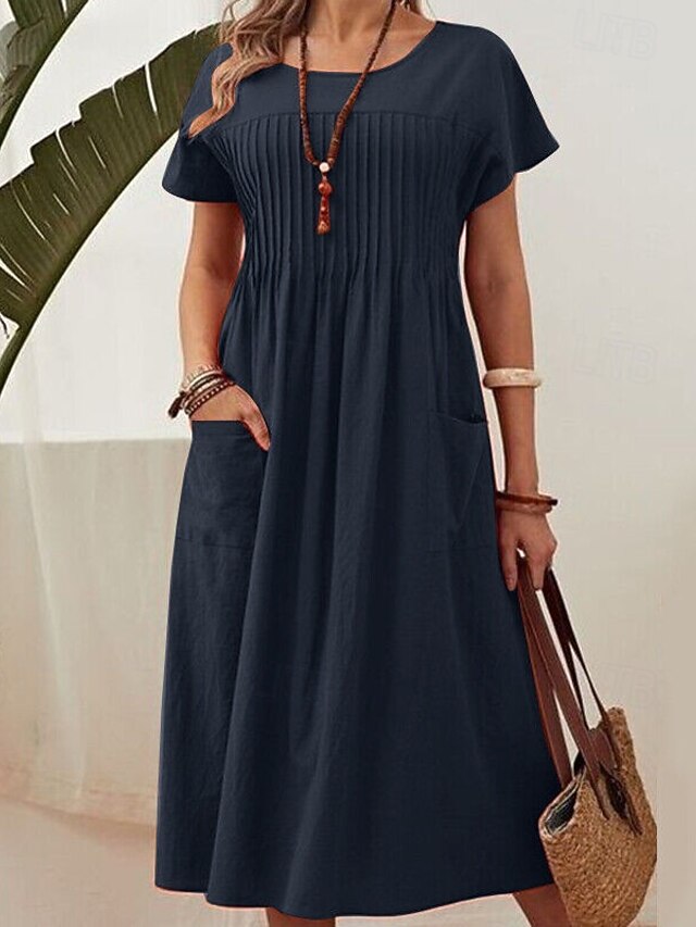  Damen EU- / US-Größe Midikleid Baumwoll-Leinen-Kleider Freizeitkleid Elegant Sexy Lässig Fledermaus Ärmel Heim Arbeit Straße Lässiger Schnitt Einfarbig Kurzarm Rundhalsausschnitt Orange Armeegrün