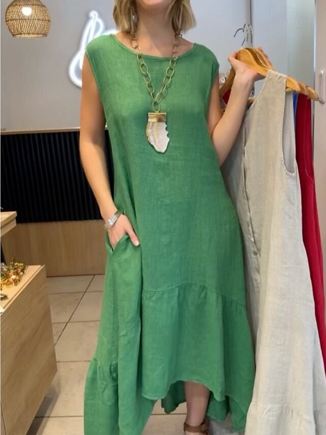  Women's Midi Dress A Line Dress Summer Dress Casual Daily Holiday Beach Regular Fit Plain Sleeveless Crew Neck Yellow Red Green Summer