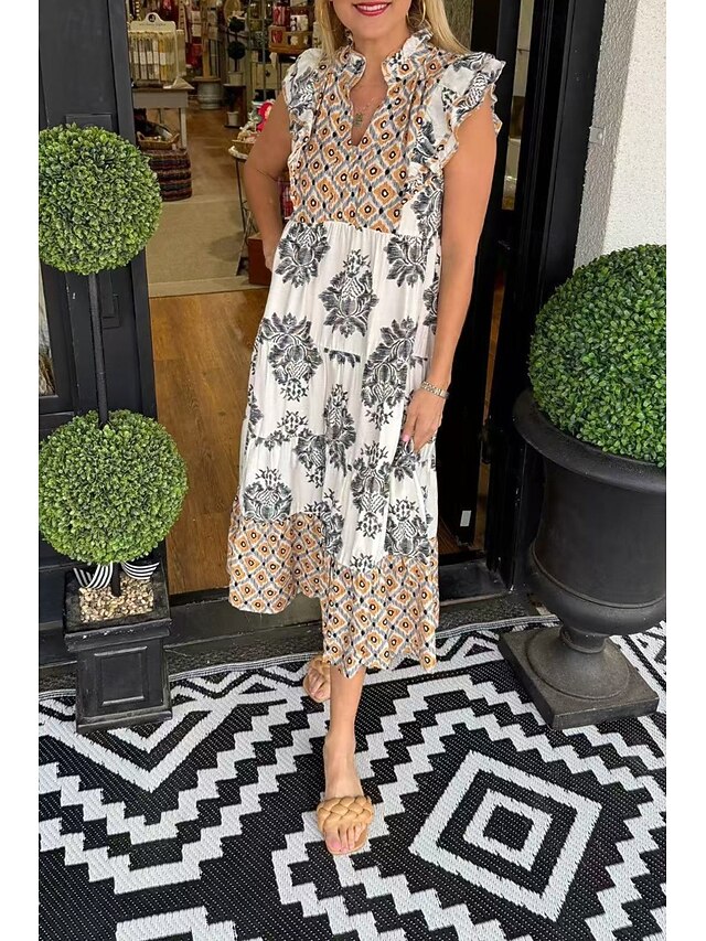 Women's Midi Dress Cotton Linen Dress Floral Dress Print Dress Classic Modern Outdoor Vacation Holiday Regular Fit Flower Sleeveless V Neck Black Orange Green Summer4